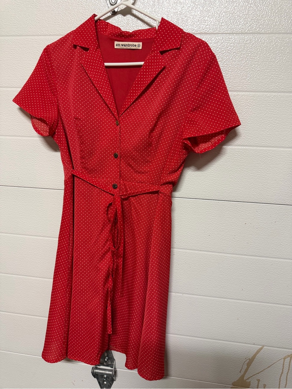 Wardrobe Red Polka Dot Button-Front Tie-Waist Dress